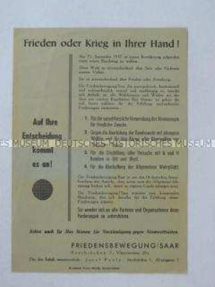 Propagandaflugblatt der "Friedensbewegung Saar" zur Bundestagswahl am 15. September 1957