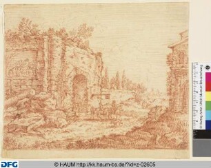 Antikes mit Relief geschmücktes Bauwerk mit Torbogen, davor Reitergruppe