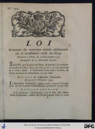 Loi contenant des nouveaux articles additionnels sur la Constitution civile du Clergé.