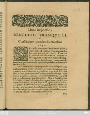Literae Responsoriae Benedicti Tranquilli, ad Consiliarium quendam Electoralem
