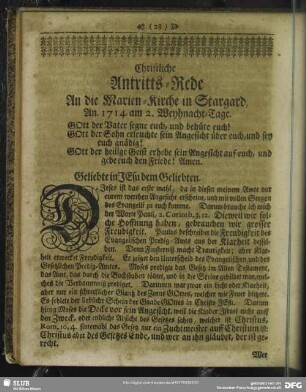 Christliche Antritts-Rede An die Marien-Kirche in Stargard An. 1714 am 2. Weyhnacht-Tage