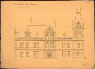 Schloss Kaminietz Erweiterung, 2. Projekt: Aufriss Hofansicht mit Haupteingang, Maßstabsleiste