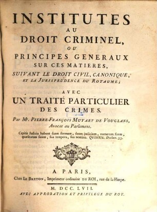 Institutes au droit criminel
