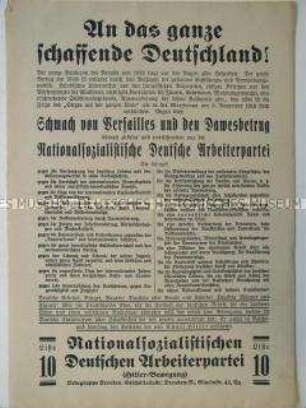 Propagandaflugblatt der NSDAP zur Reichstagswahl 1928 mit Polemik gegen den Versailler Vertrag und den Dawes-Plan