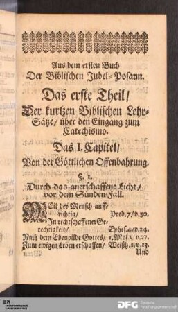 Das erste Theil [...]. Von der Göttlichen Offenbahrung; von der Heiligen Schrifft; vom Evangelio und Gesetz