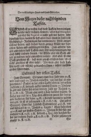 Vom Nutzen dieser nachfolgenden Taffeln / Gebrauch der ersten Taffel / Gebrauch der andern Taffel