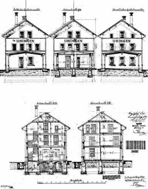 Uhingen: Empfangsgebäude Verwaltungsgebäude Querschnitte,Giebelansichten