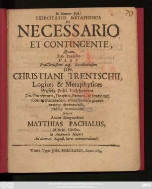 Exercitatio Metaphysica De Necessario Et Contingente