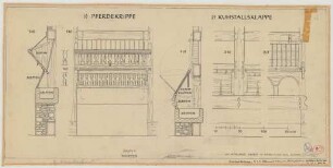 Oldinghausen (Kreis Herford): Sattelmeierhof Ebmeier. - Pferdekrippe (Detailansicht, Schnitt). - Kuhstallklappe (Detailansicht, Schnitt)
