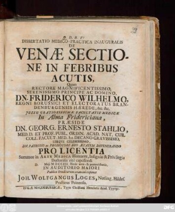 Dissertatio Medico-Practica Inauguralis De Venæ Sectione In Febribus Acutis