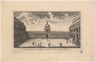 Dresden, der Zwingerhof mit Blick zum Kronentor mit Langgalerie und anschließenden Pavillons, Teil einer Reihe Dresdner und sächsischer Ansichten von Schlitterlau um 1770