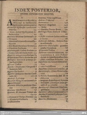 Index Posterior, Ordine Alphabetico Digestus