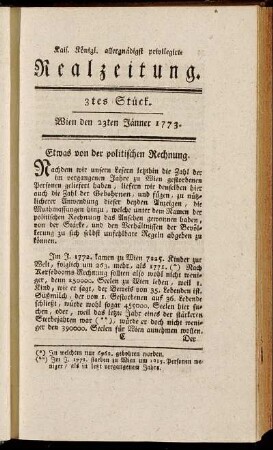 3tes Stück. Wien den 23ten Jänner 1773.