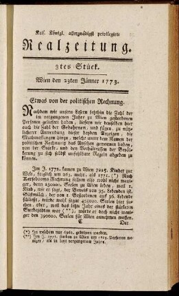 3tes Stück. Wien den 23ten Jänner 1773.