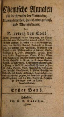 Chemische Annalen für die Freunde der Naturlehre, Arzneygelahrtheit, Haushaltungskunst und Manufakturen. 1800,1, 1800,1