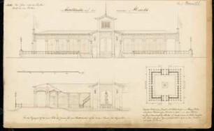 Markthalle Monatskonkurrenz Juli 1846: Grundriss Erdgeschoss, Aufriss einer Hauptansicht, Teilquerschnitt; Maßstabsleiste, Erläuterungstext
