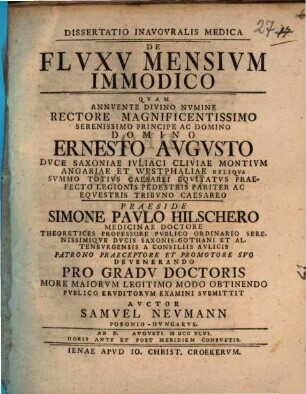 Dissertatio Inavgvralis Medica De Flvxv Mensivm Immodico