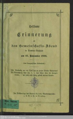 Heilsame Erinnerung an den Gemeinschafts-Abend in Dresden-Neustadt : am 25. Nov. 1886