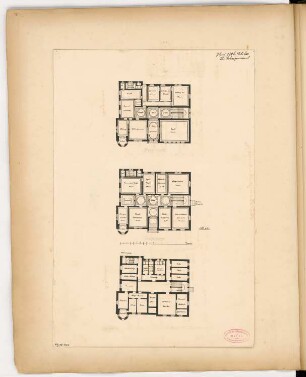 Rathaus, Rastenburg Monatskonkurrenz Juni 1884: Grundriss Keller, Erdgeschoss, Obergeschoss; Maßstabsleiste