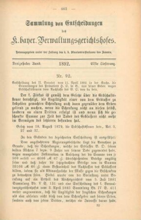 Dreizehnter Band. 1892. Elfte Lieferung. - Nr. 92. - Nr. 106.