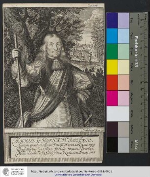 Michael In Hof S.æ R.æ M.tis Svec. Excubiarum, qvondam; Dein Foresti Norici ad D. Laurentij, Præfectus vigilantißimus, Judicijq[ue] Imperial. Privileg. Mellicidarum Præses fidelissimus, Natus. 1603. Denat[us] 1668
