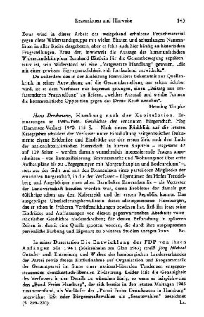 Dreckmann, Hans :: Hamburg nach der Kapitulation, Erinnerungen an 1945 - 1946, Geschichte der ernannten Bürgerschaft : Hamburg, Dammtor-Verlag, 1970