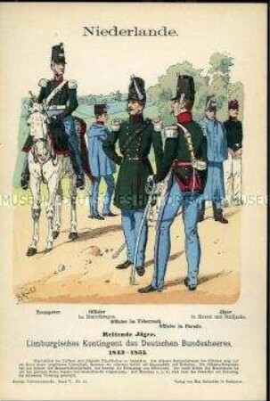 Uniformdarstellung, Trompeter, Offiziere und Gemeine des Jäger-Regiments zu Pferde, Königreich der Niederlande, 1843/1855.