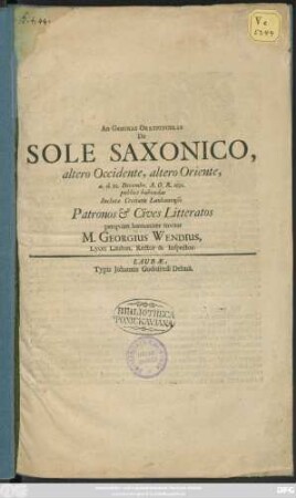 Ad Geminas Oratiunculas De Sole Saxonico, altero Occidente, altero Oriente