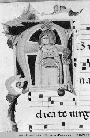 Textseite mit Randseitenbordüre, vierzeiligen Neumen und einer historisierten Initiale (A): Heilige Agnes - Sequentiae et hymni