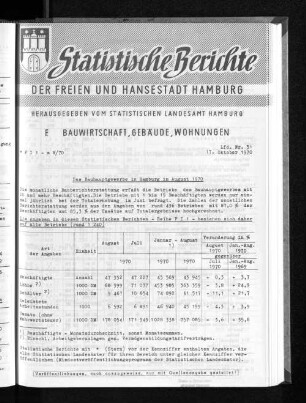 Das Bauhauptgewerbe in Hamburg im August 1970 : Lfd. Nr. 31