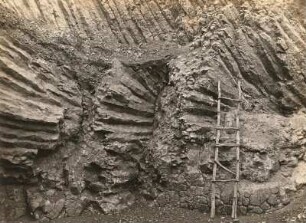 Oberlausitz. Der Eisenberg bei Guttau. Strahlenstellung des Basalts im östlichen Bruch, Westwand