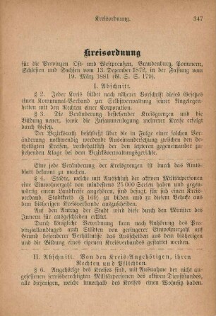 Kreisordnung für die Provinzen Ost- und Westpreußen, Brandenburg, Pommern, Schlesien und Sachsen vom 13. Dezember 1872, in der Fassung vom 19. März 1881.