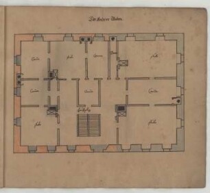 Nürnberg, Sankt Johannis, Schloss, Erdgeschoss, Grundriss : Nürnberg, Sankt Johannis, Schloss, Grundriss des Erdgeschosses mit Raumbezeichnungen und farbiger Kennzeichnung von Baubestand (rot) und Planung (blau), unbekannter Zeichner, 1649. Feder, Pinsel in Wasserfarbe/Papier. 31,7 x 37,1 cm. Bez.: "Der Andere Boden."
