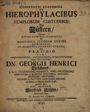 Dissertatio Academica De Hierophylacibus S. Templorum Custodibus : = Von Küstern