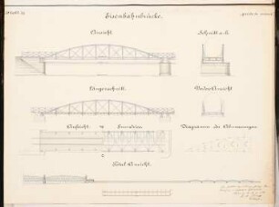 Flussregulierung Schinkelwettbewerb 1882: Eisenbahnbrücke. Ansicht, Schnitte, Grundriss (1:1000, 1:100)