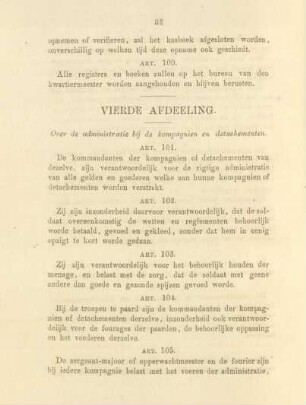 Vierde afdeelin. Over de administratie bij de kompagnien en detachementen