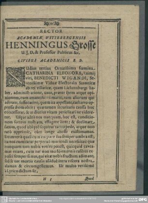 Rector Academiae Wittebergensis Hennigus Grosse