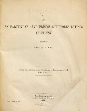 De an particulae apud priscos scriptores latinos viet usu