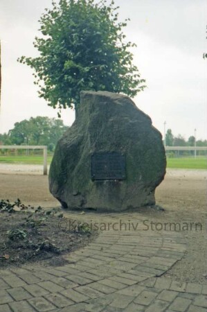 Bürgerpark: Exer: Gedenkstein des Männer-Turnvereins MTV Oldesloe von 1862 für die Gefallenen im Ersten Weltkrieg: mit Metallplatte mit Inschrift