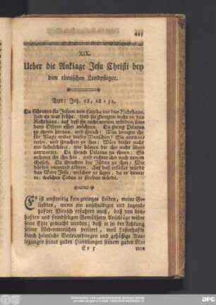 XIX. Ueber die Anklage Jesu Christi bey dem römischen Landpfelger.