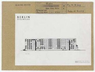Wettbewerb II. Bauabschnitt der Karl-Marx-Allee: Ansichtszeichnung, Südansicht. Berlin, Mitte/Friedrichshain, Stalinallee (vor 1949 Frankfurter Allee, seit 1961 Karl-Marx-Allee)/Strausberger Platz/Alexanderplatz/Schillingstraße