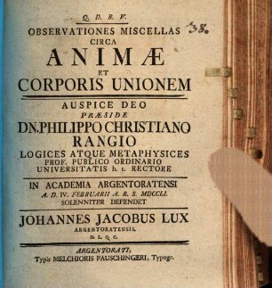 Observationes miscellae circa animae et corporis unionem