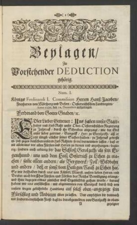 Beylagen/ Zu Vorstehender Deduction gehörig.