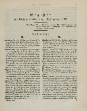 Register zur Gesetz-Sammlung, Jahrgang 1849