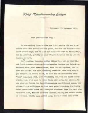 Brief von Lampert (Königliche Naturaliensammlung) an Kopp