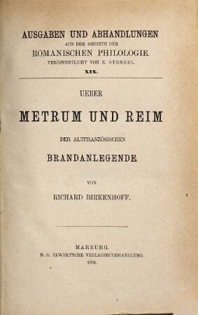 Ueber Metrum und Reim der altfranzösischen Brandanlegende