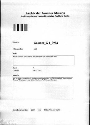 Korrespondenz zum Vertrieb der Zeitschrift "Das Wort in der Welt"