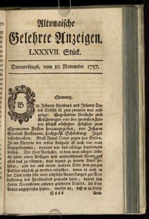 LXXXVII. Stück. Donnerstags, vom 10 November 1757