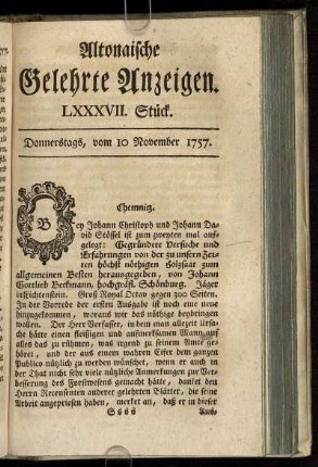 LXXXVII. Stück. Donnerstags, vom 10 November 1757
