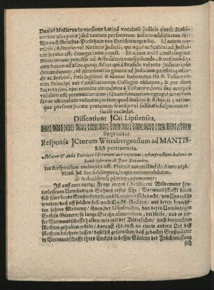 Sequuntur Responsa Ictorum Wittebergensium ad Mantissas pertinentia.